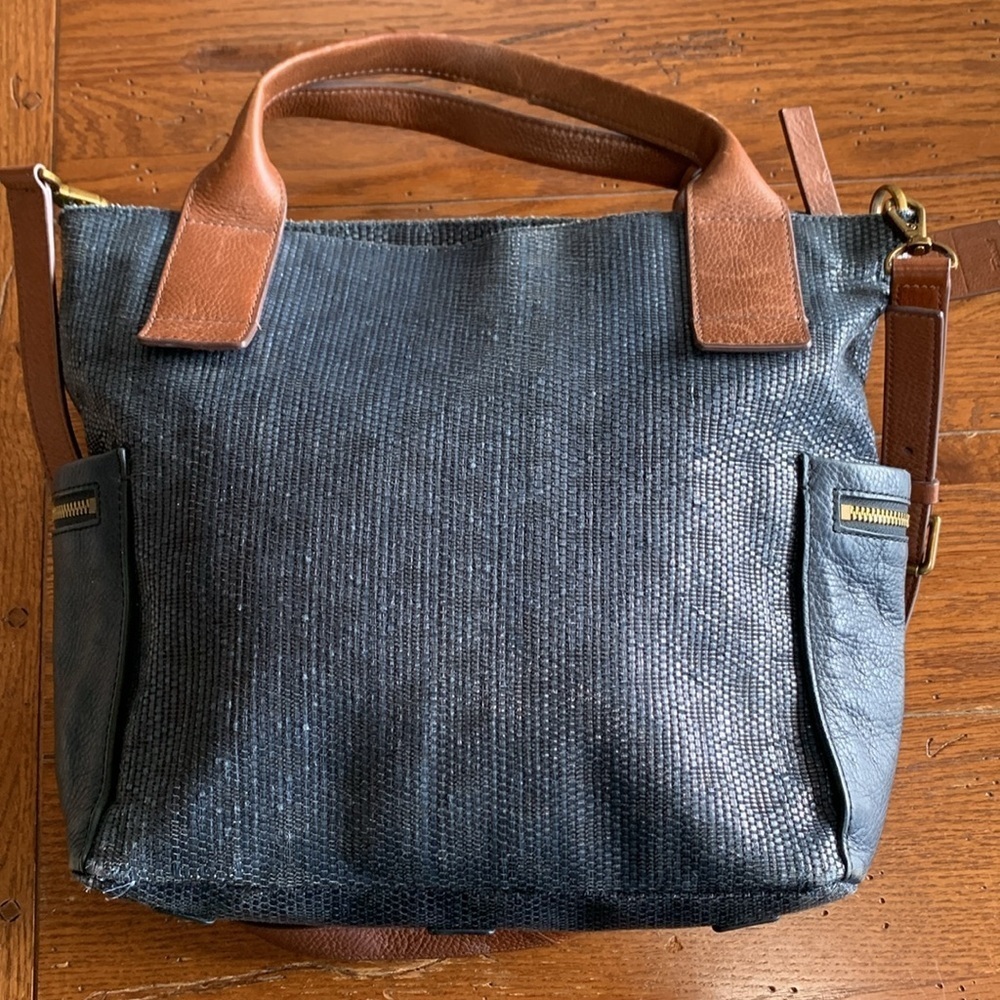 Fossil Emerson Satchel Purse Navy Blue Straw Leather Trim & Straps Crossbody Bag - Picture 8 of 14